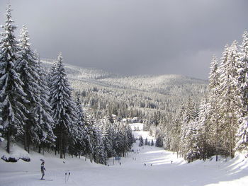 Scenic view of snow covered mountains