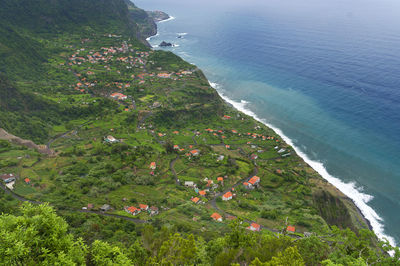 Built structures against calm blue sea