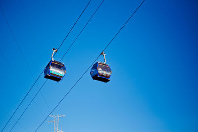 Low angle view of overhead cable car against blue sky