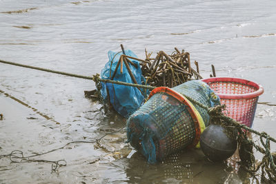 High angle view of fishing net in lake