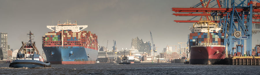 Panoramic view of commercial dock against sky