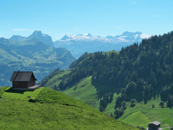 Scenic view of landscape and mountains against sky