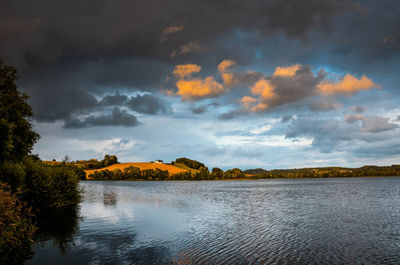 Scenic view of lake against sky during sunset