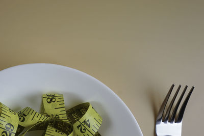 High angle view of various plate on table