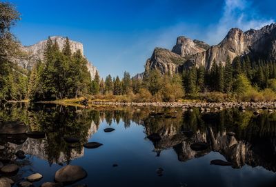 Scenic view of lake by trees against sky