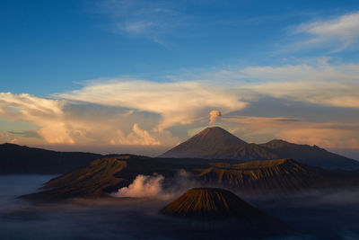 View of volcanic landscape against cloudy sky