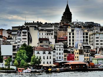 View of buildings in city against cloudy sky