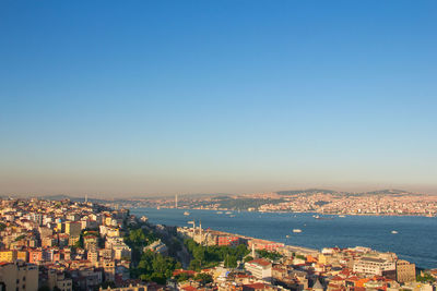 High angle view of townscape by sea against clear blue sky