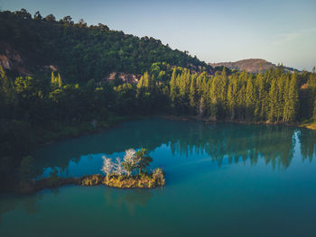 Scenic view of lake by trees against sky