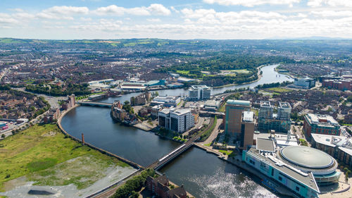 High angle view of cityscape against sky