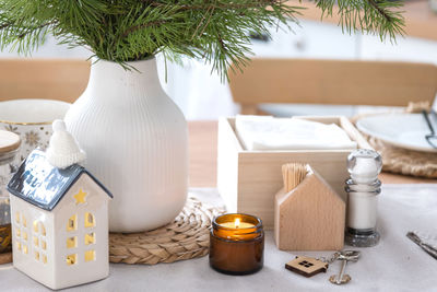 Close-up of christmas decorations on table