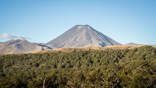 Simple volcanic landscape with big volcanic cone dominating in the center, new zealand