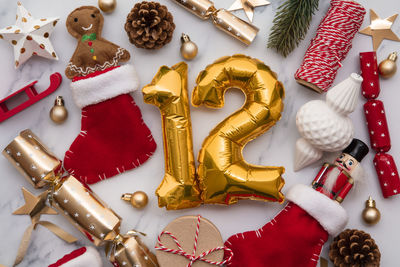 High angle view of christmas decorations on table