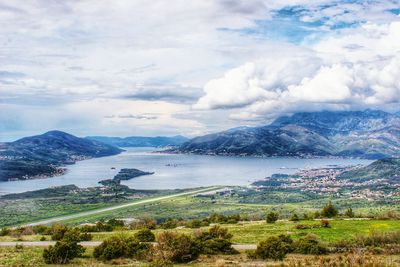 Scenic view of landscape and lake against sky