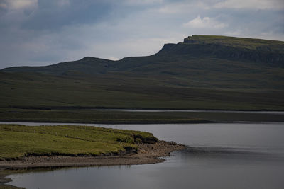 Scenic view of lake and mountains against sky