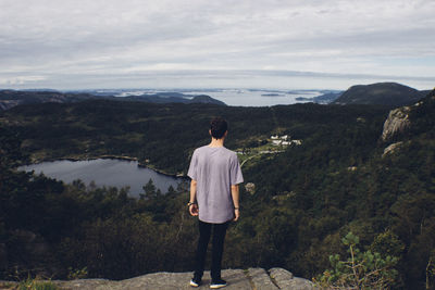 Rear view of man looking at green landscape against sky