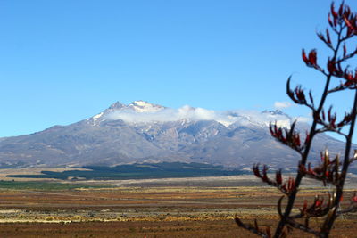 Scenic view of mountains against clear blue sky