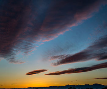 Low angle view of cloudy sky at sunset