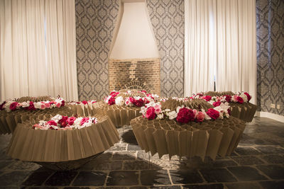 Close-up of pink flowers against wall