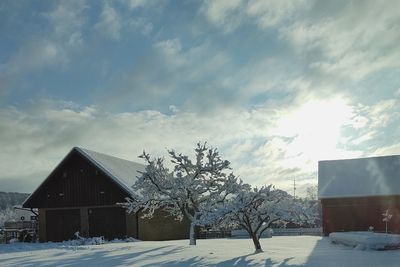 Snow covered field by building against sky