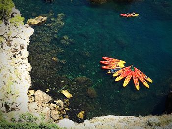 High angle view of umbrella on rock by water