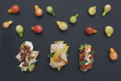 High angle view of chopped fruits on table