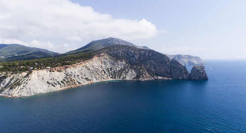 Scenic view of sea and mountains against sky