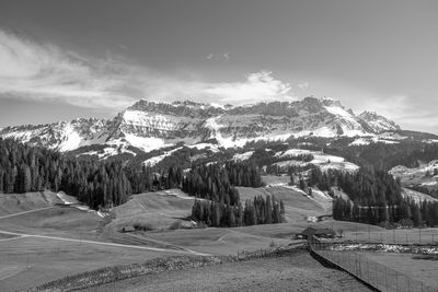 Scenic view of snowcapped mountains against sky