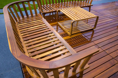 High angle view of empty chairs and table in restaurant