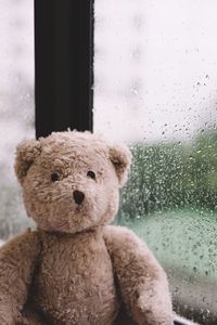 Teddy bear against condensed window
