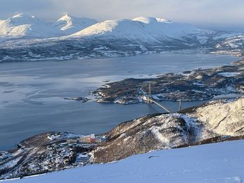 Scenic view of sea and mountains against sky