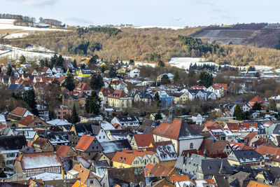 High angle view of the city meisenheim, germany in winter with snow