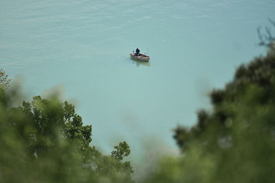 High angle view of people on boat against trees