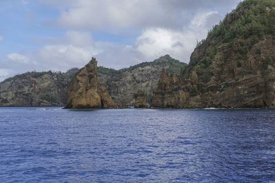 Scenic view of sea and mountains against sky