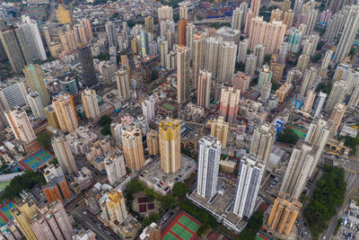 High angle view of modern buildings in city