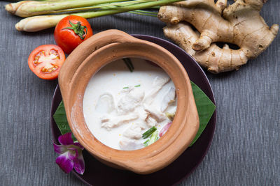 High angle view of vegetables in bowl on table