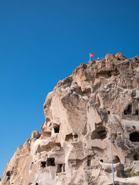 Low angle view of rock formation against clear blue sky