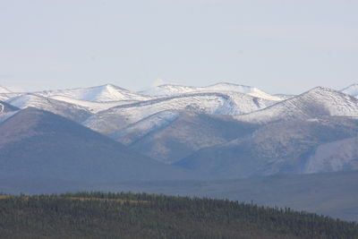 Scenic view of snowcapped mountains against clear sky