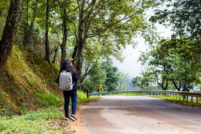 Rear view of woman standing on road amidst trees