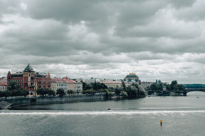 Buildings by river against cloudy sky