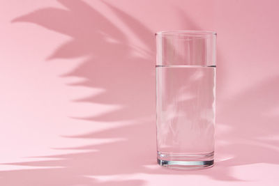 Glass of water and leaf shadow on pink background