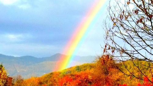 Scenic view of rainbow over mountains against sky