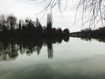 Reflection of trees in lake against sky