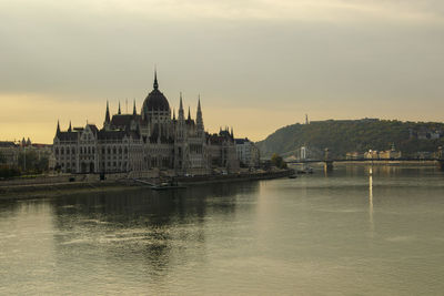 View of river with city in background at sunset