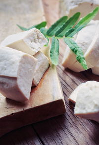 High angle view of bread on cutting board