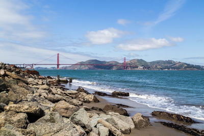 Scenic view of bay against sky