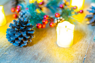 Close-up of christmas decorations on table