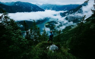 Man standing on mountain in forest against sky