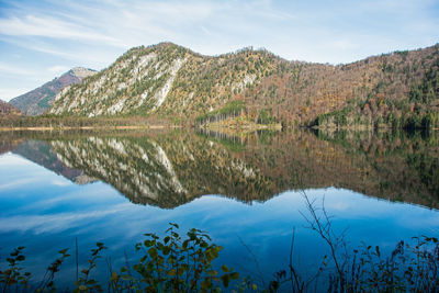 Scenic view of lake and mountains against sky