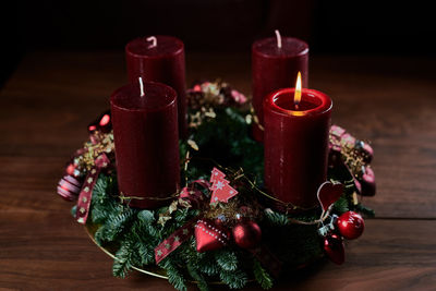 High angle view of christmas decorations on table